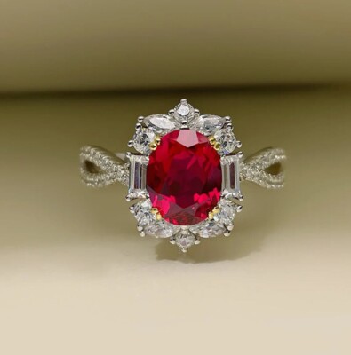 4.60Ct Oval Cut Natural Ruby Diamond Engagement Ring 14K Solid White Gold Size 6