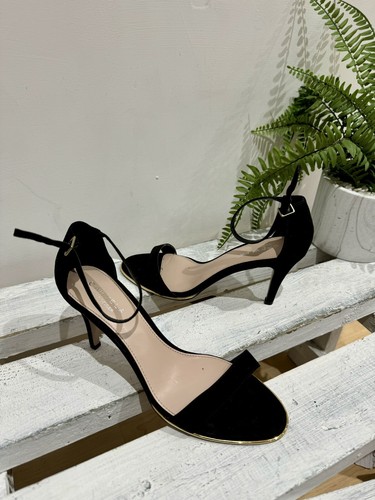 Carvela Kurt Geiger schwarz Wildlederimitat mittelhoher Absatz offene Zehenpartie Knöchelriemen Schuhe UK 6 39
