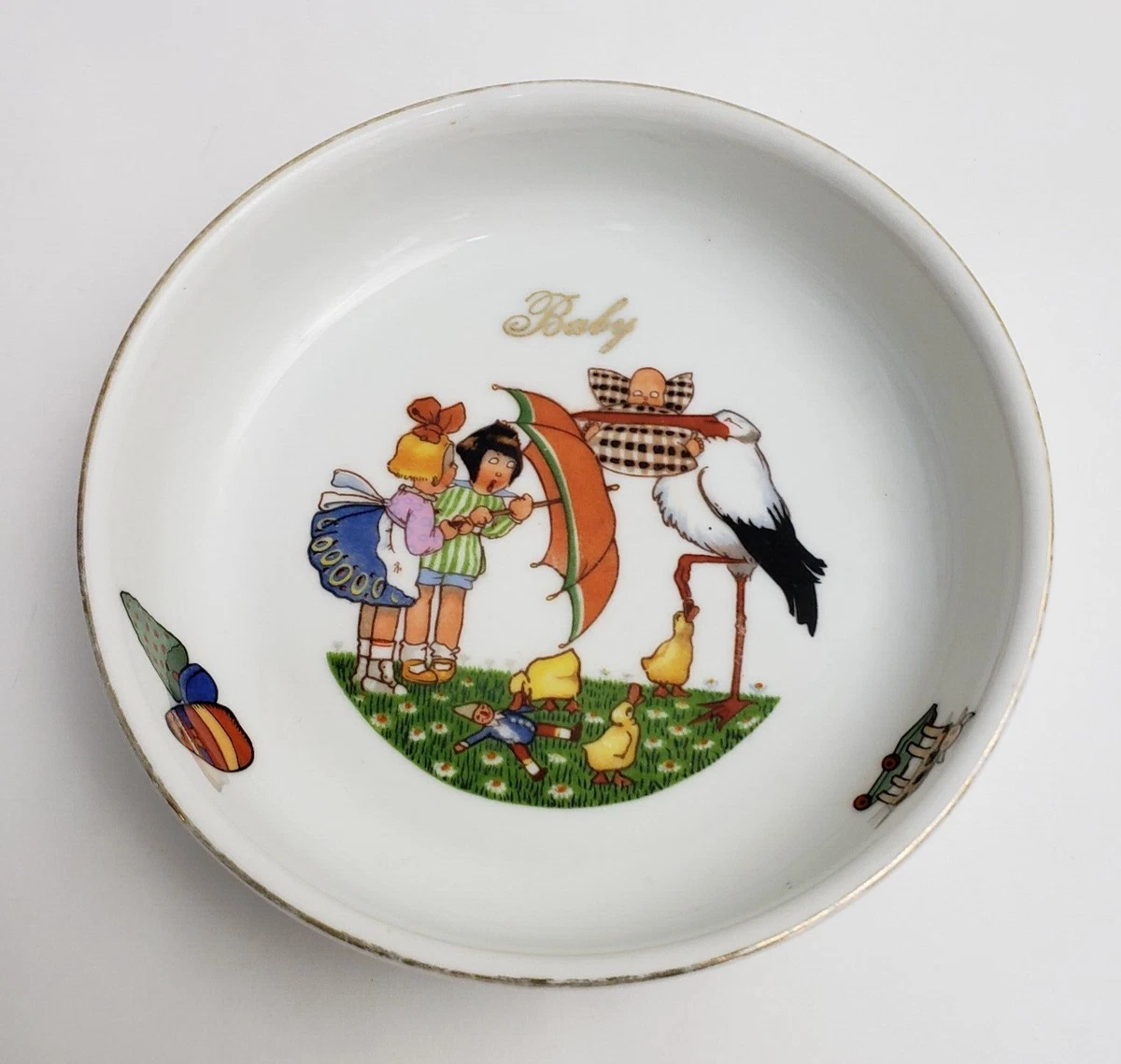 Vintage Baby Bowl Feeding Dish Stork Girls Ducks 7