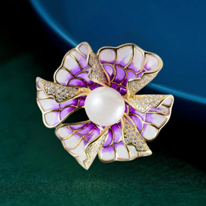 Authentic Elegant Gold Plated Purple Enamel Cubic Zirconia Flower Brooch Pin