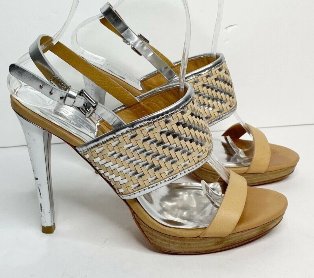 COACH Steffi Platform Stiletto Heels Natural Silver Leather