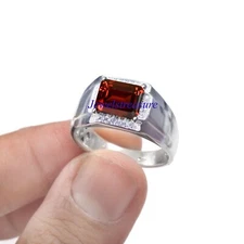 Natural Garnet & CZ Gemstone with 925 Sterling silver Ring for Men's #4563