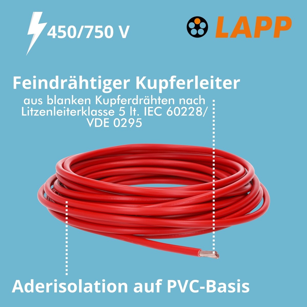 LAPP H07V-K 16 Mm² Einzelader – 5 Meter, Rot, Feindrähtig, Für Maschinenverdrahtung & Installation