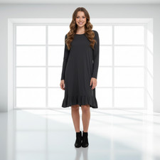 Zara Trafaluc Gray Long Sleeve Ruffle Hem Shift Dress | Cotton Blend Casual