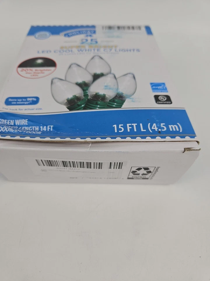 Holiday Time 25 Cool White C7 LED String Lights Green Wire Christmas Wedding NEW - Image 2 of 4