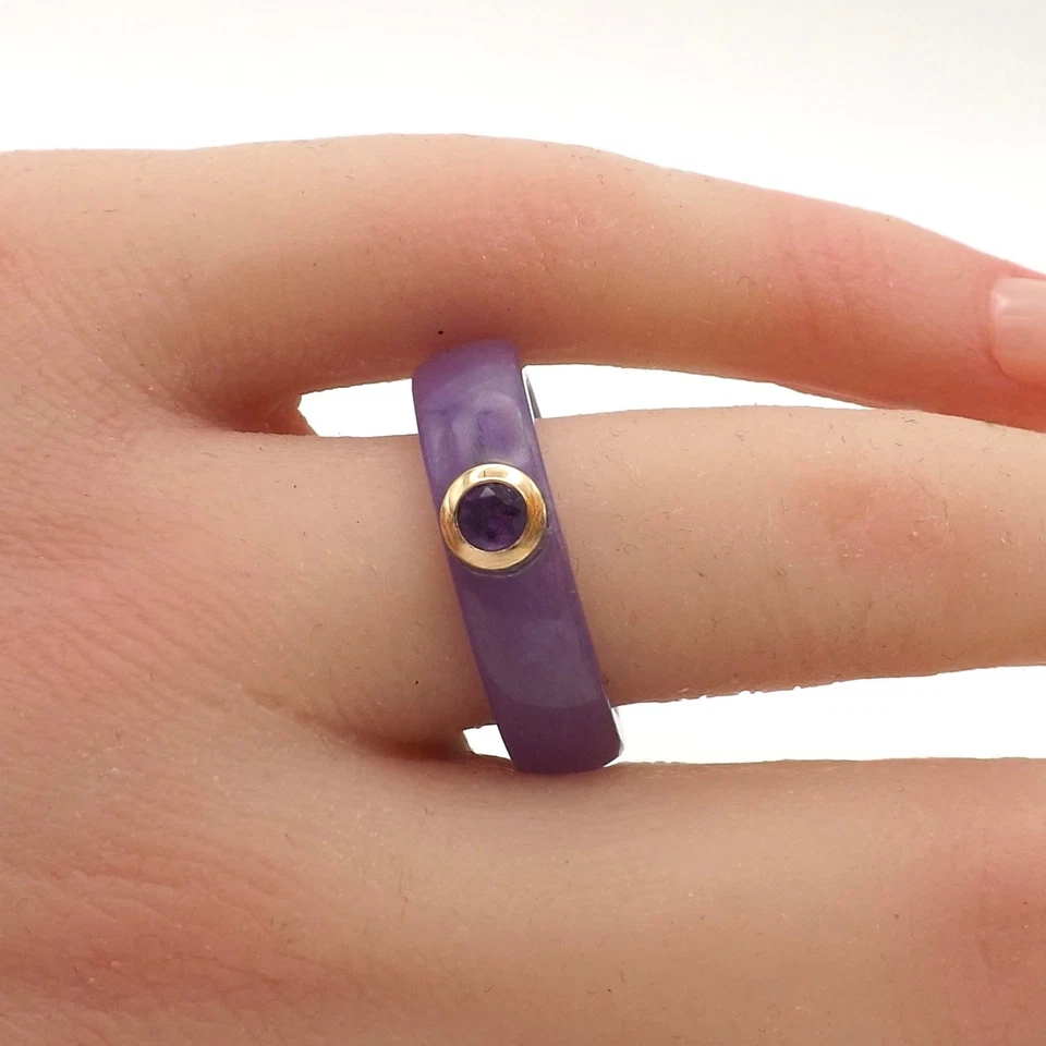Genuine Purple Jade Wedding Band Thumb Ring 14k Gold Bezel Setting Amethyst sz9 - Image 3 of 4