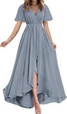 Ruffle Sleeves Bridesmaid Dress for Wedding V Neck High Low Prom Formal blue 14