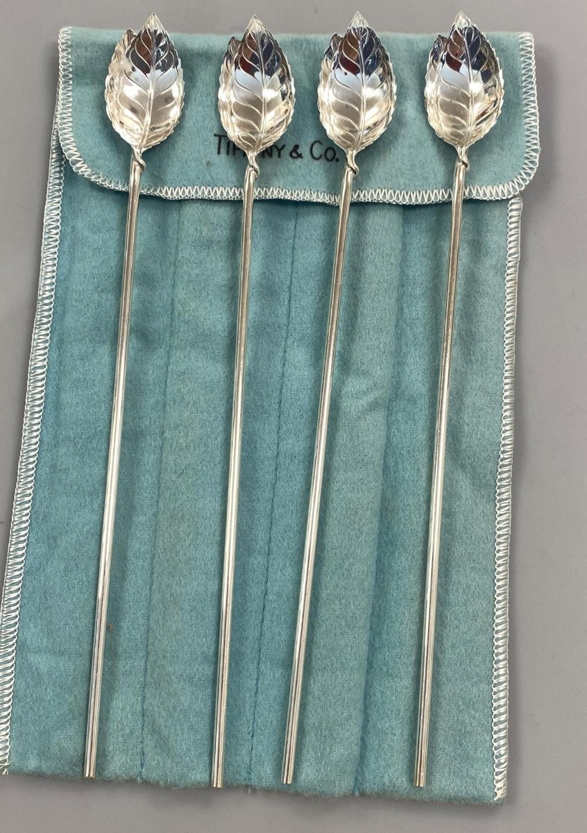 Tiffany & Co Sterling Silver 925 Leaf Straws Spoons Mint Julep Set