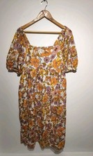 TU UK 18 P Midi Dress Orange Floral Retro Long Tiered Prairie Peasant Shirred 