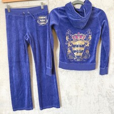 Juicy Couture Kids Girls Blue Velour Rhinestone Crest Tracksuit Set Size L