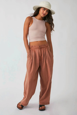 Free People Lotta Love Linen Trousers Pants Cinnamon Straight Leg Imperfect US 8