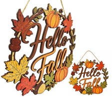 Wooden Hello Fall Door Sign for Front Door, Rustic Autumn Wreath Wall Hanging...