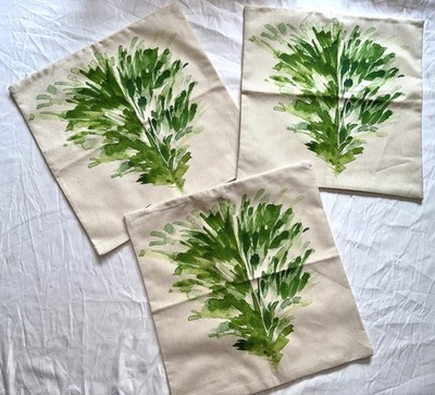 Set Of 3 Pillow Shams Cream W/ Green Leaf Nature Full Zip Closure 17x17 New