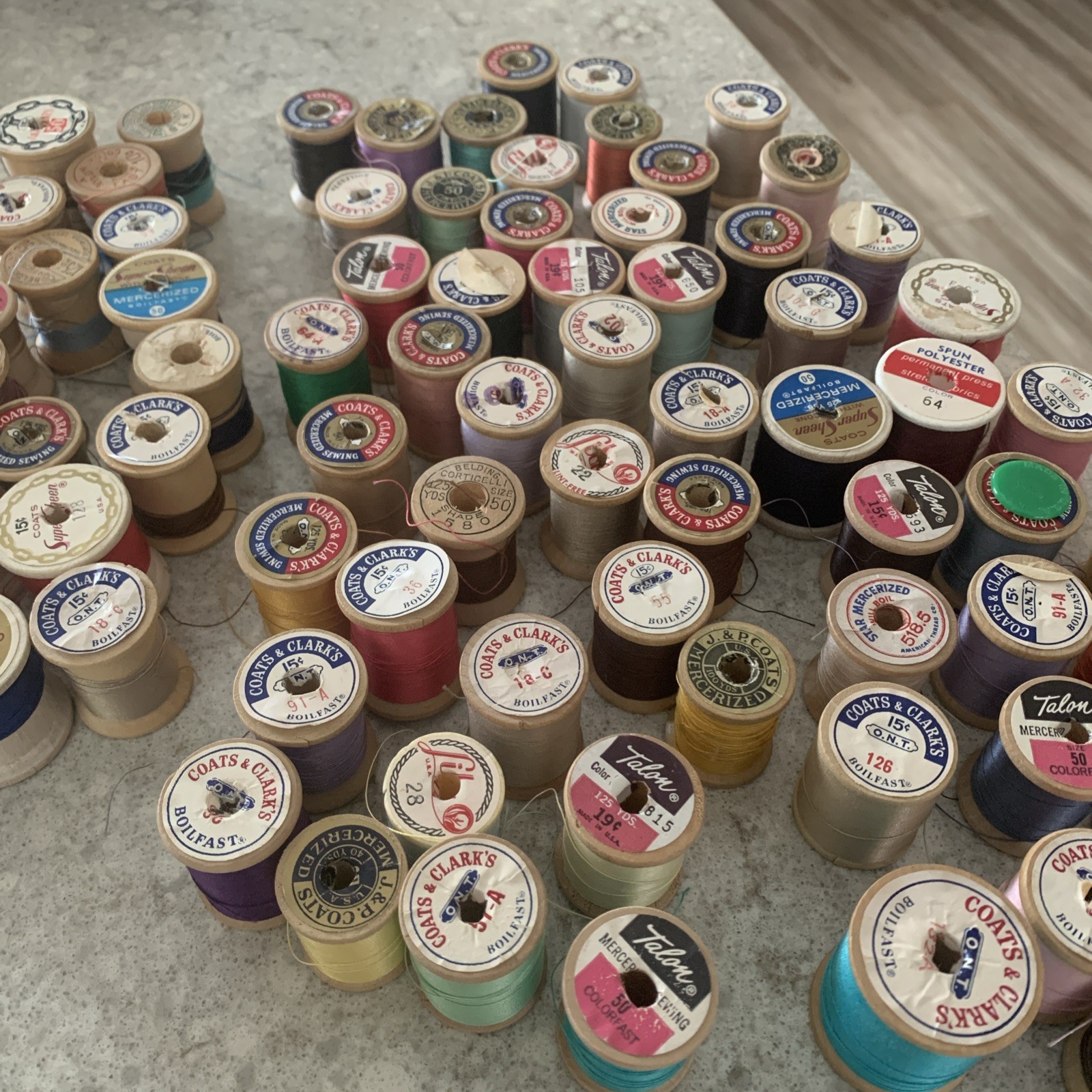 Vintage Lot of Old Wooden Sewing Thread Spools W/Thread & Empty Spools