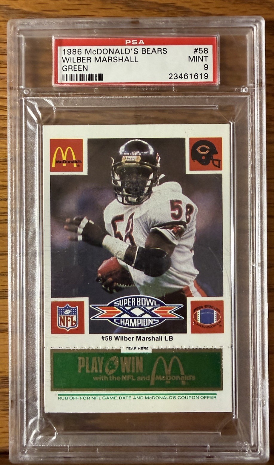 1986 McDonald's Play & Win - Chicago Bears - Wilber Marshall - Green Tab - PSA 9
