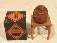 Vintage Japanese Wood Carved Daruma Doll Figurine with Table Stand and Orig. Box