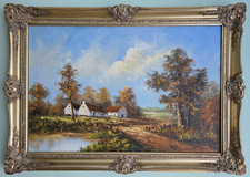Vintage Autumn Landscape Oil Painting – Country Farm Scene – Large Ornate Frame