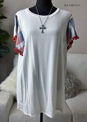 USA New PLUS SIZE Womens RED WHITE BLUE PATRIOTIC POM POM SHIRT TUNIC 1X 2X 3X