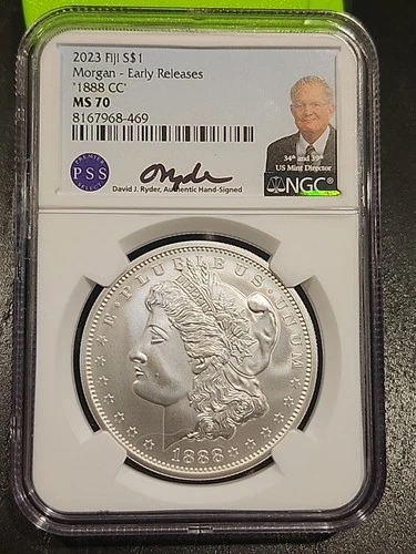 2023-CC Morgan Silver Dollar Fiji - "1888-CC" NGC MS70 /Signed D. Ryder