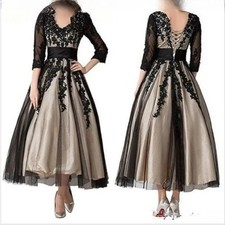 Women's Long Sleeves Champagne with Black Lace Tulle Plus Size A-line Tea Length