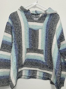 Baja Hoodie Multi-Blues Striped Pullover Adult Small Relaxed Fit Surf