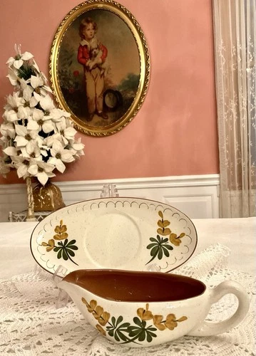 Stangl Pottery Golden Blossom Gravy Boat w Under Plate Vintage Retired USA