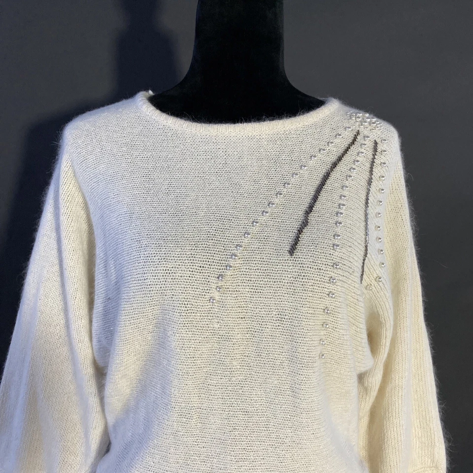Suéter De Colección Margules MED Suave Seda Angora Blanco Perla Cuentas Dolman Sl Elegante Foto 3 de 4