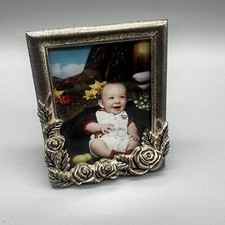 Lovely Vintage Silver Tone Photo Picture Frame w/ Rose Design 3x2 Floral Design