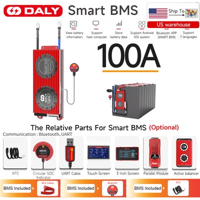 DALY LiFePO4 16S 48V 100A Smart BMS Common Port w/Balance +Bluetooth Module Lot
