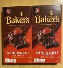 Baker's Semi-Sweet Chocolate Premium Baking 56% Cacao 4 oz (2 Bars)