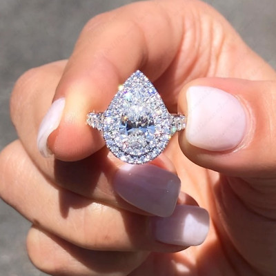 2TCW Pear Brilliant Moissanite Double Halo Engagement Ring 14K White Gold Plated