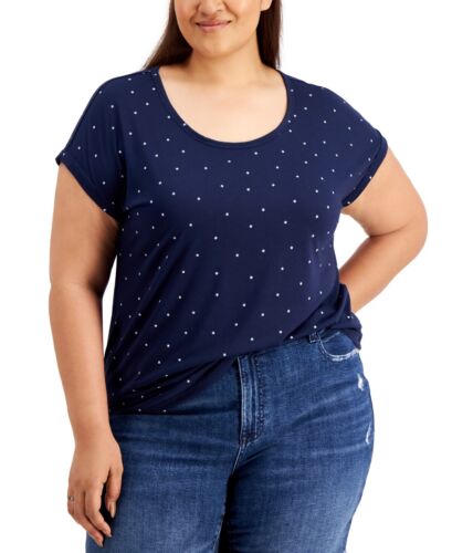 MSRP $35 Style & Co Plus Size Graphic Print Scoop Neck T-Shirt Navy Size 0X