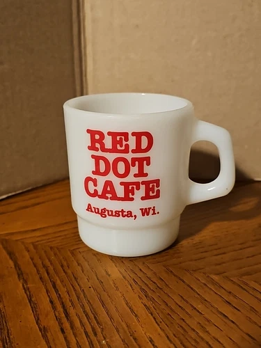 Rare Vintage Red Dot Cafe Augusta, WI Milk Glass Coffee Mug Anchor Hocking 