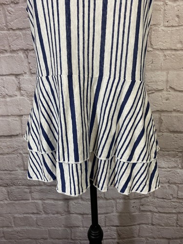 Chaser L Blue Striped Linen Ruffle V-Neck Tank Top Blouse Spaghetti Strap 9077 - Picture 3 of 7