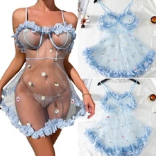 Womens Sexy Lingerie See Through Sleepwear Nightwear Teddy Babydoll Lace Dress