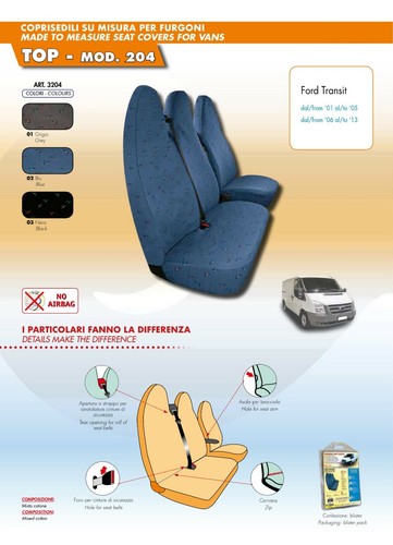 FORD TRANSIT (2001->2013) COPRISEDILI COMPLETI SU MISURA IN COTONE BLU 204