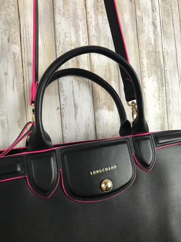 Longchamp Le Pliage Heritage Black NEON Pink Leather Top Handle Strap Tote RARE - Picture 3 of 12