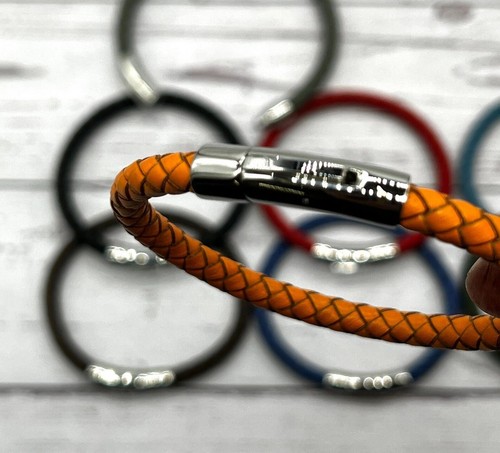 Men's Braided Leather Bracelet Wristband With Chrome Metal Button Clasp - Picture 4 of 9