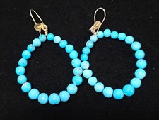 Vtg Real Turquoise Sterling Silver Hoop Style Earrings Signed Mexico TF