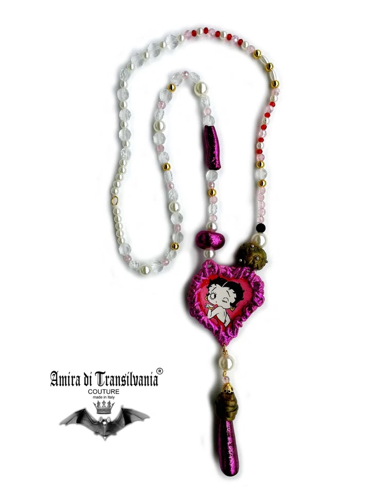 Collar Betty Boop Amor y Hip Hop Cadena Colgante Largo Piedra Cristal Corazón Babero Foto 3 de 4