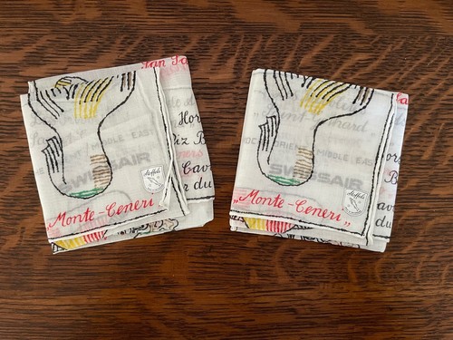 Vintage Pair of Swissair Hankerchiefs Napkin 11” Mushroom Fungi Travel Stoffels