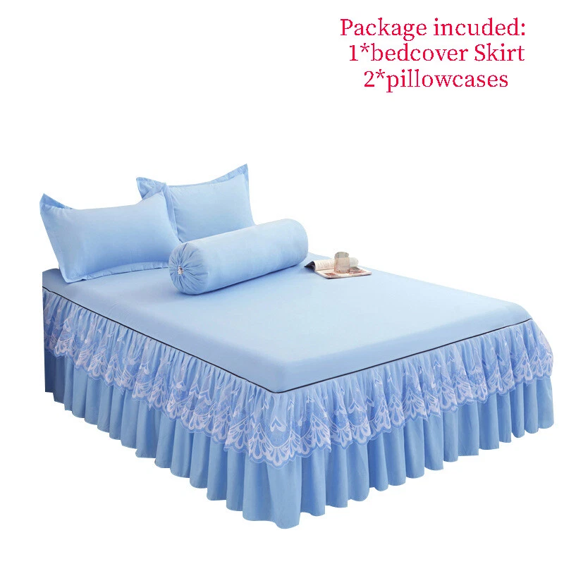 3PCS Cotton Bed Skirt Lace Ruffle Bedspread bed Sheet Pillowcase