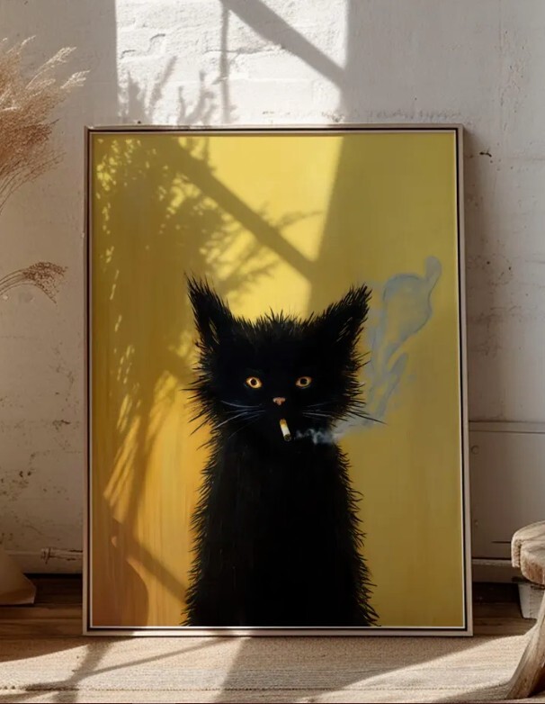 Poster Black Cat Smoking Victorian Kitsch Retro Poster, wall decor
