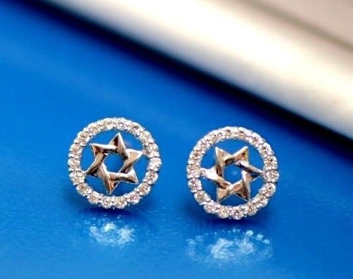 14K Yellow and White Gold Star of David CZ Stud Earrings - 第 9/14 張圖片