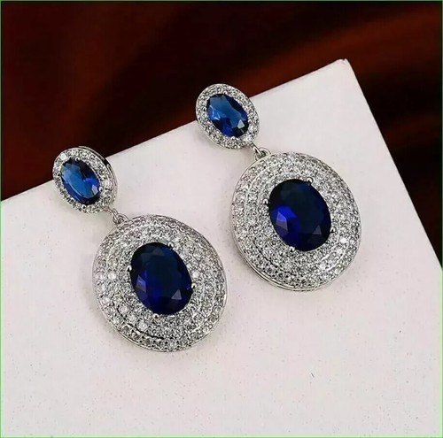 3Ct Oval Cut Lab Created Sapphire Drop/Dangle Earrings 14K White Gold Plated