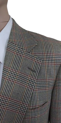 Paul Stuart Edward Olive Green Red Houndstooth Check Wool Silk Sport Coat 42R - Picture 3 of 10