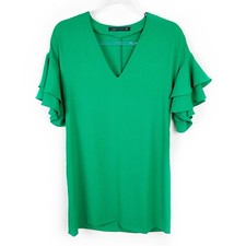 Zara Women Kelly Green V-neck ruffle sleeve mini dress size: XS