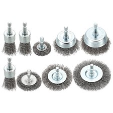Wire Pen Brush Set-9 Pcs-Carbon Steel Crimping(0.012")-1/4" Hex Shank(1-3" Dia.)