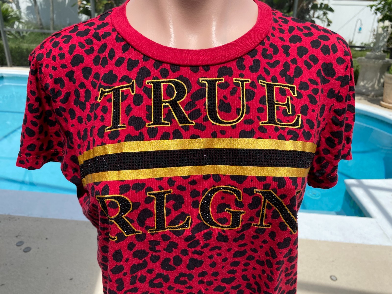 True Religion Red Leopard sequins Gold Womens S/S  T-shirt Top L Large Crop thumbnail 2