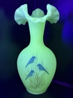 Fenton Blue Birds Uranium Glass Vase Signed by Artist M Remby